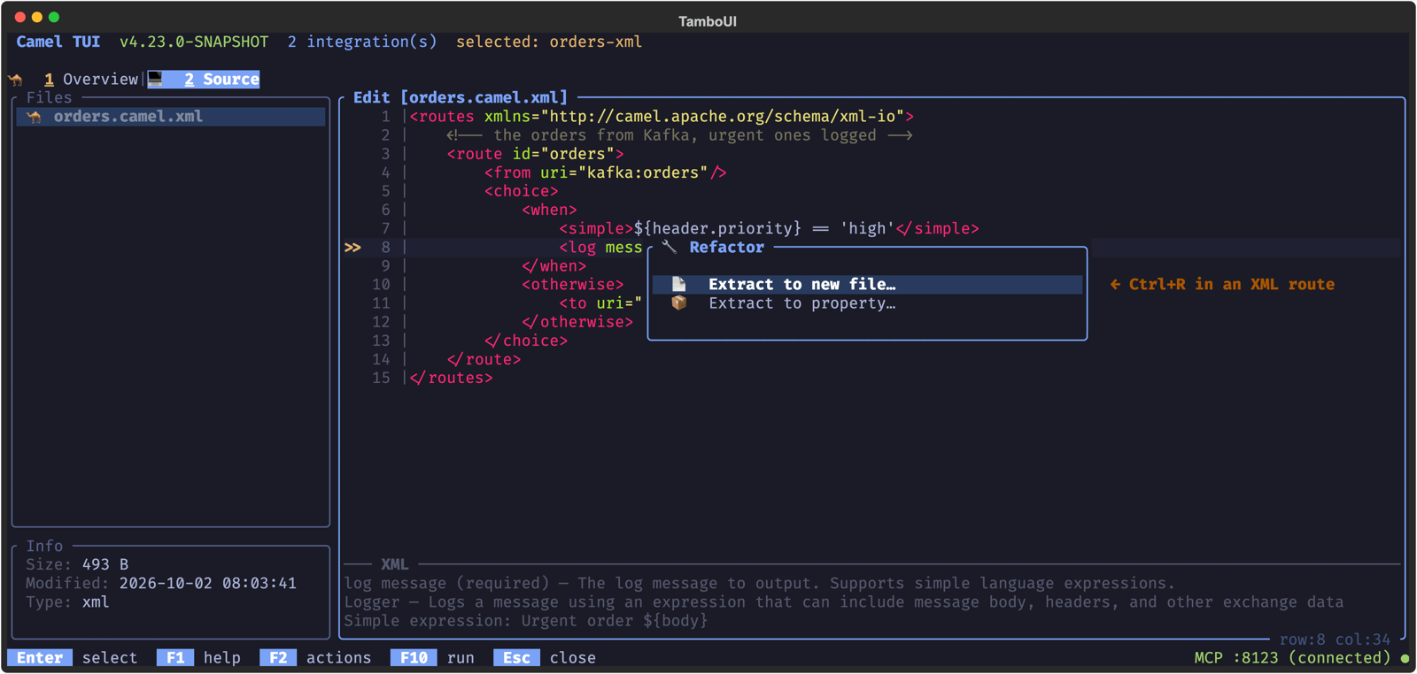 Ctrl+R on a log step of an XML route: extract it to a new file or its message to a property